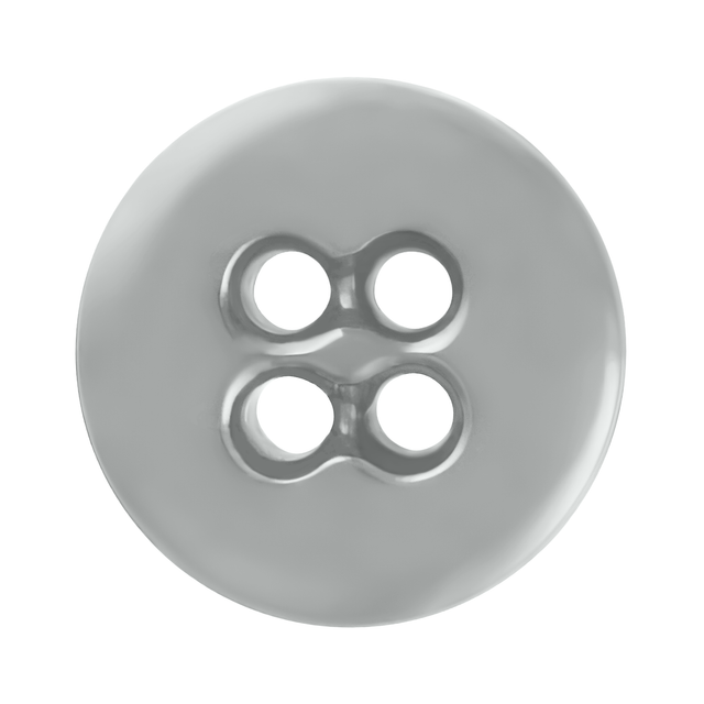 A close-up of a shiny, round, gray Suspender Brace Pant Button featuring four center holes and a military-spec design.