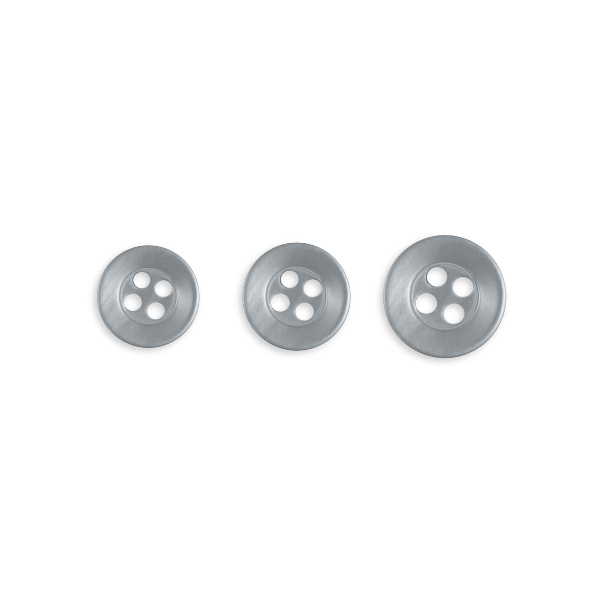 Three Replacement Shirt Buttons in silver poly-nylon, each with four holes and different sizes, arranged in a row on a white background—durable and ideal for any tailor’s kit.