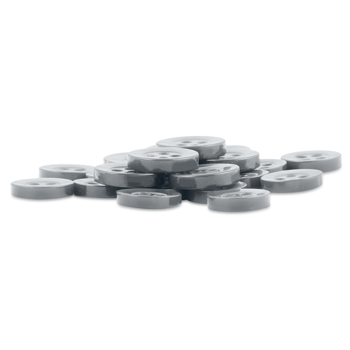 A set of small, round, gray Replacement Shirt Buttons with four holes each, stacked on a white background—ideal for updating shirts or any tailor’s kit.