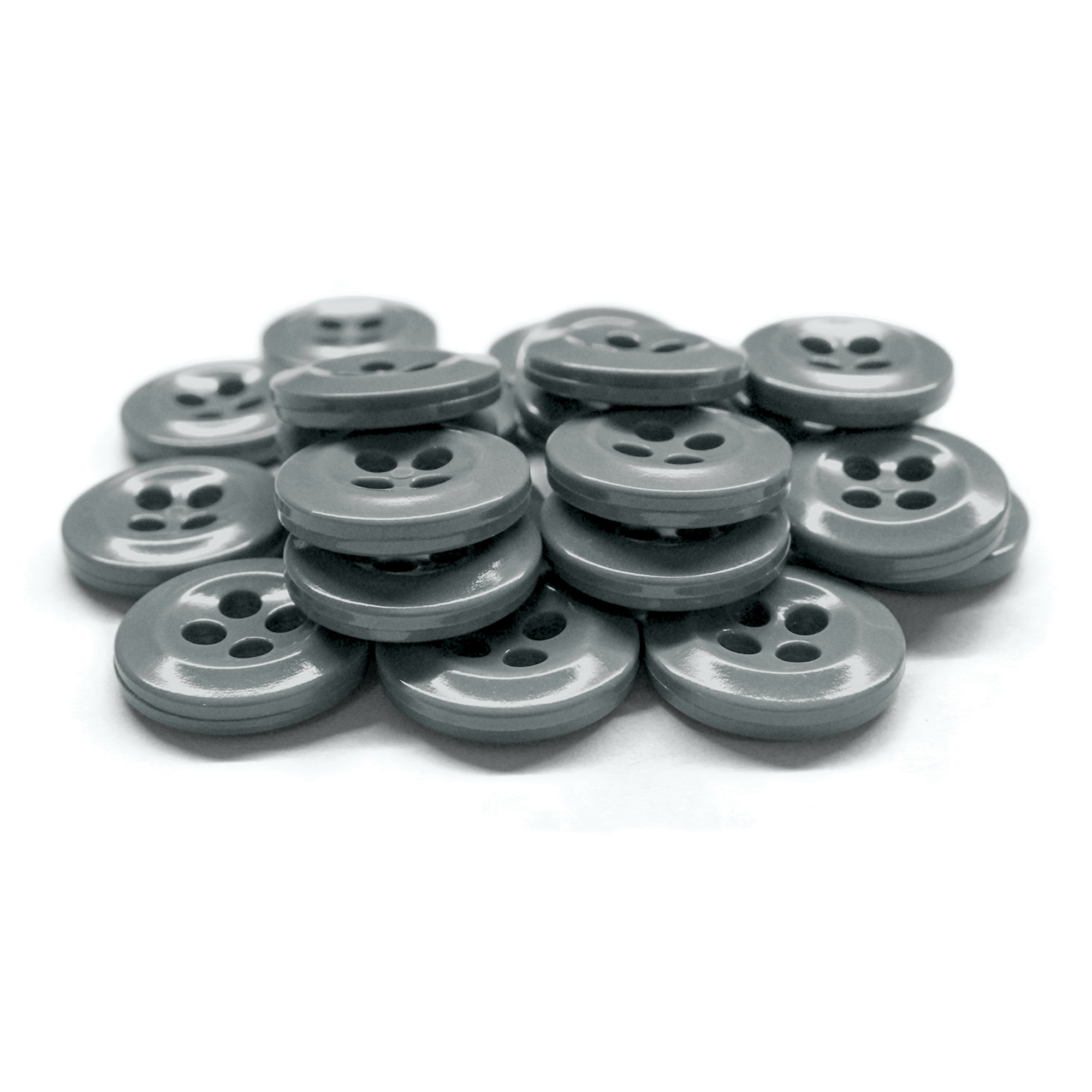 A stack of gray, four-hole Work Shirt Buttons from a 12 Pack displayed on a white surface.