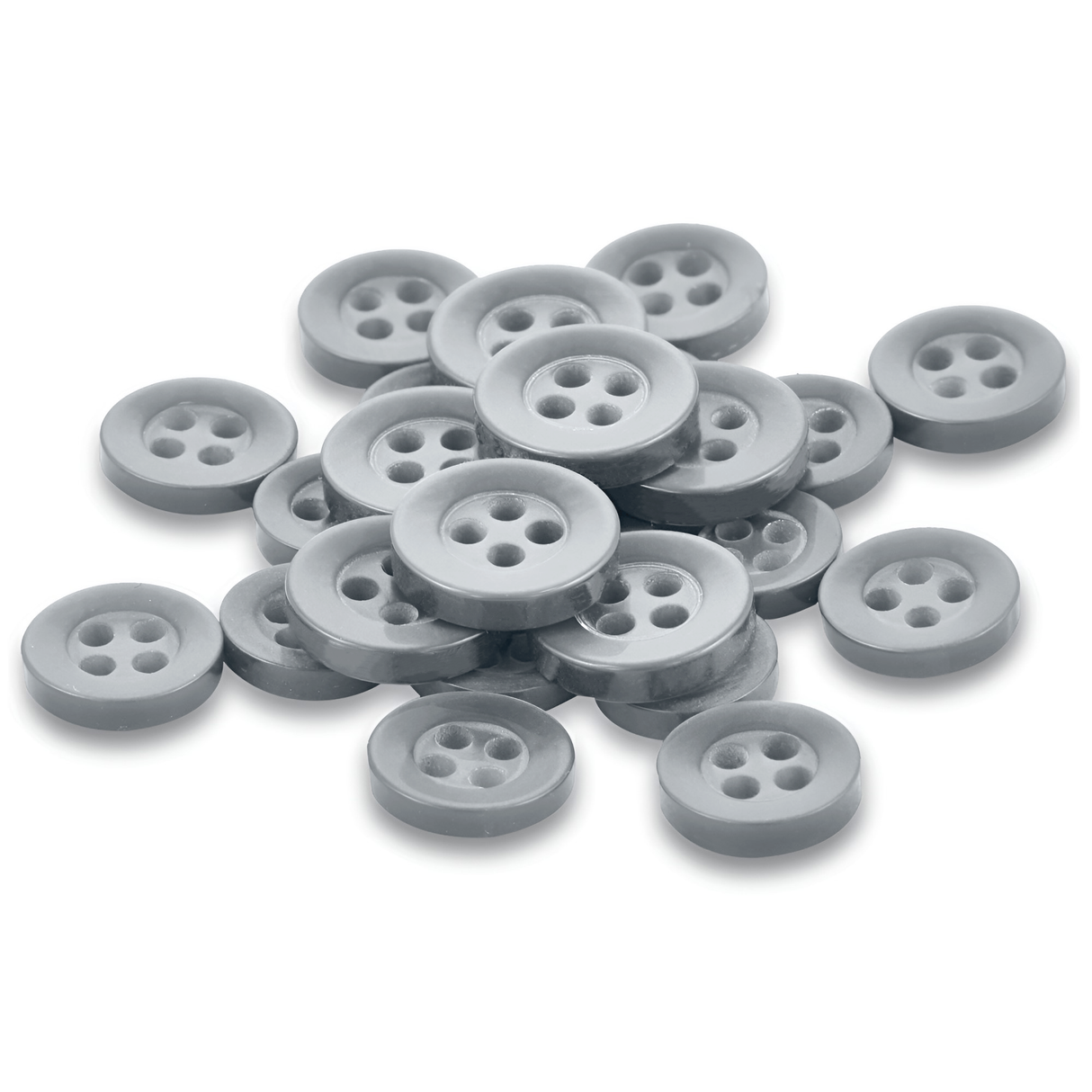 A stack of round, gray Replacement Shirt Buttons made from durable poly-nylon lies on a white surface—perfect for any tailor’s kit.