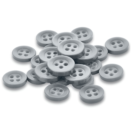 A stack of round, gray Replacement Shirt Buttons made from durable poly-nylon lies on a white surface—perfect for any tailor’s kit.