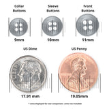 Replacement Shirt Buttons in three durable Poly-Nylon sizes, shown next to a US dime and penny with measurements in millimeters—ideal for any tailor's button kit.