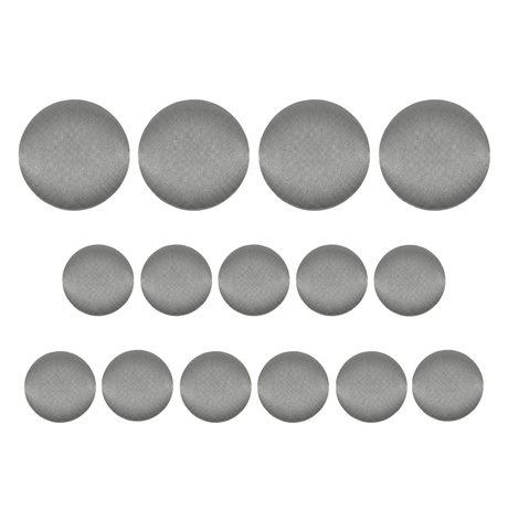 Fifteen Tuxedo Suit Buttons, round and metallic with a black satin finish, are arranged in three rows on a white background.