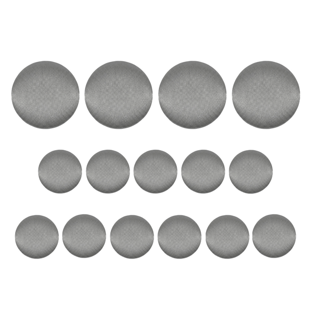Fifteen Tuxedo Suit Buttons, round and metallic with a black satin finish, are arranged in three rows on a white background.
