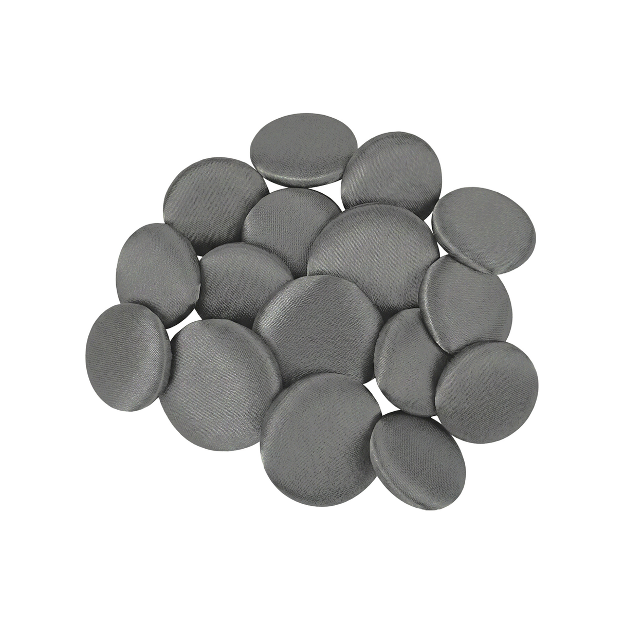 A cluster of Tuxedo Suit Buttons, round and metallic gray, is arranged on a white background.