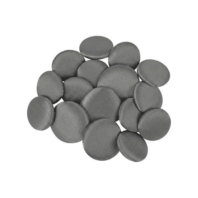 A cluster of Tuxedo Suit Buttons, round and metallic gray, is arranged on a white background.