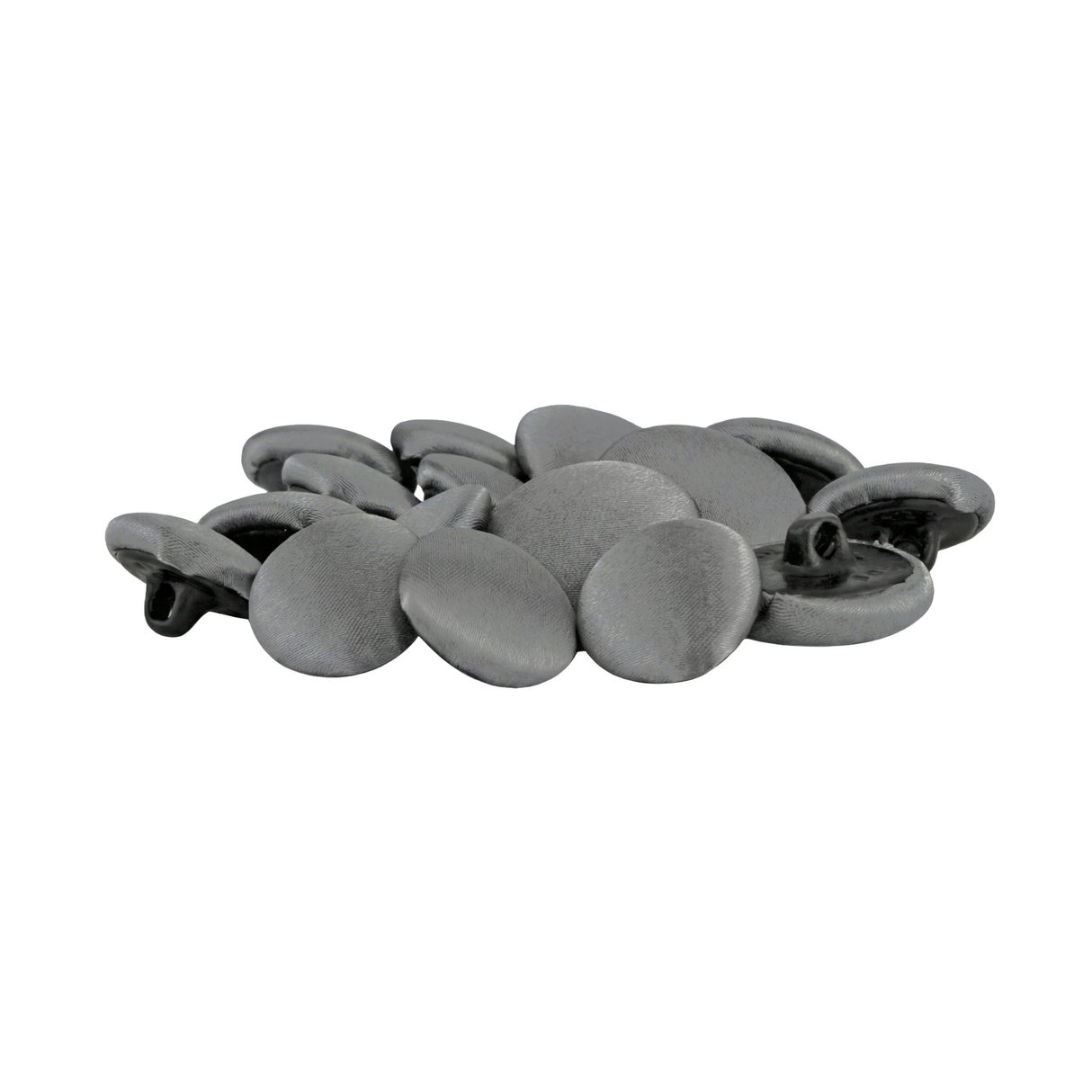 Tuxedo Suit Buttons arranged in a stack, their smooth, flat, round gray shapes set against a white background and evoking the look of polished tuxedo buttons.