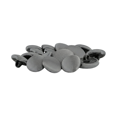 Tuxedo Suit Buttons arranged in a stack, their smooth, flat, round gray shapes set against a white background and evoking the look of polished tuxedo buttons.