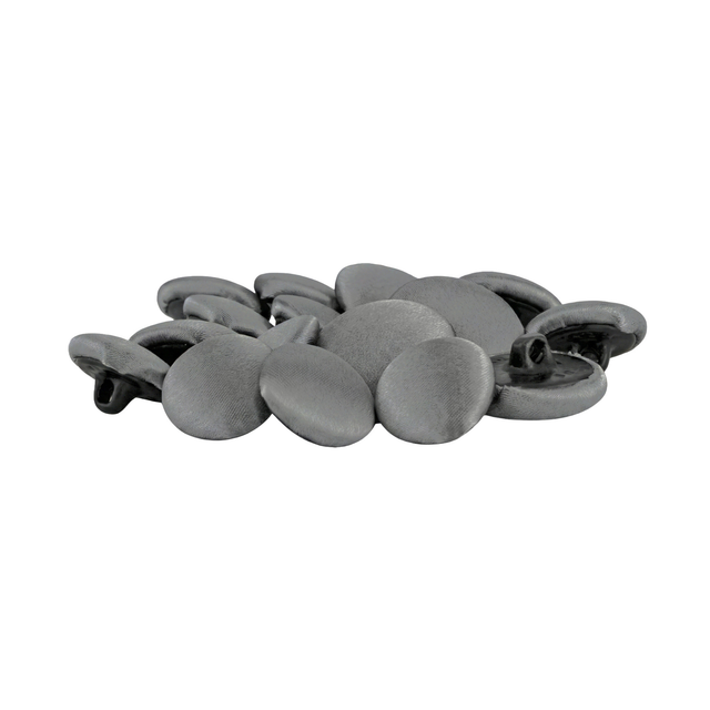 Tuxedo Suit Buttons arranged in a stack, their smooth, flat, round gray shapes set against a white background and evoking the look of polished tuxedo buttons.