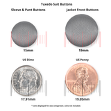 Tuxedo Suit Buttons shown next to a dime and penny for size comparison, with black satin finish and millimeter measurements displayed beneath each button.