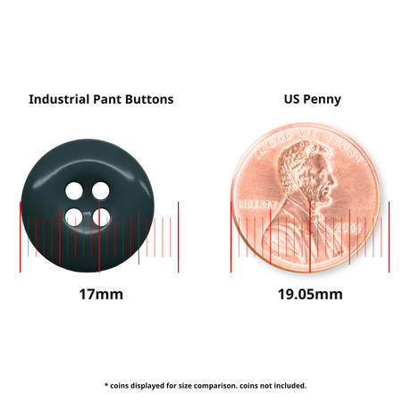 Work Pants Buttons (17mm) shown next to a US penny (19.05mm) for size reference. These industrial-strength fasteners ensure durability and reliability. Coins not included.