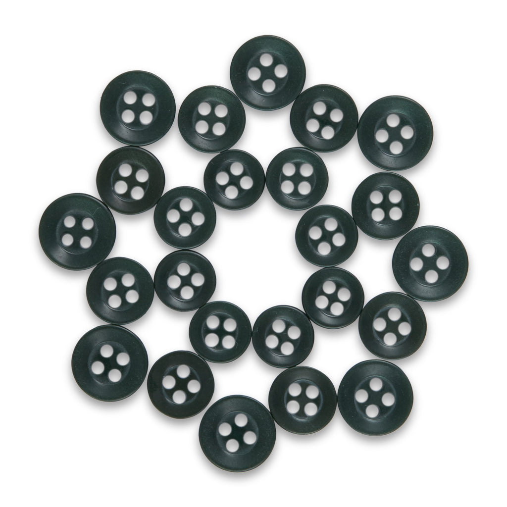 Twenty-three black Replacement Shirt Buttons with a matte finish are arranged in a circular pattern on a white background, ideal for any tailor’s button kit.