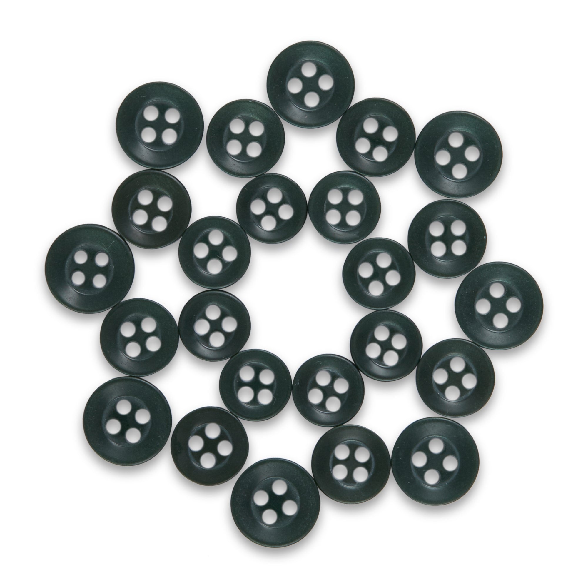 Twenty-three black Replacement Shirt Buttons with a matte finish are arranged in a circular pattern on a white background, ideal for any tailor’s button kit.