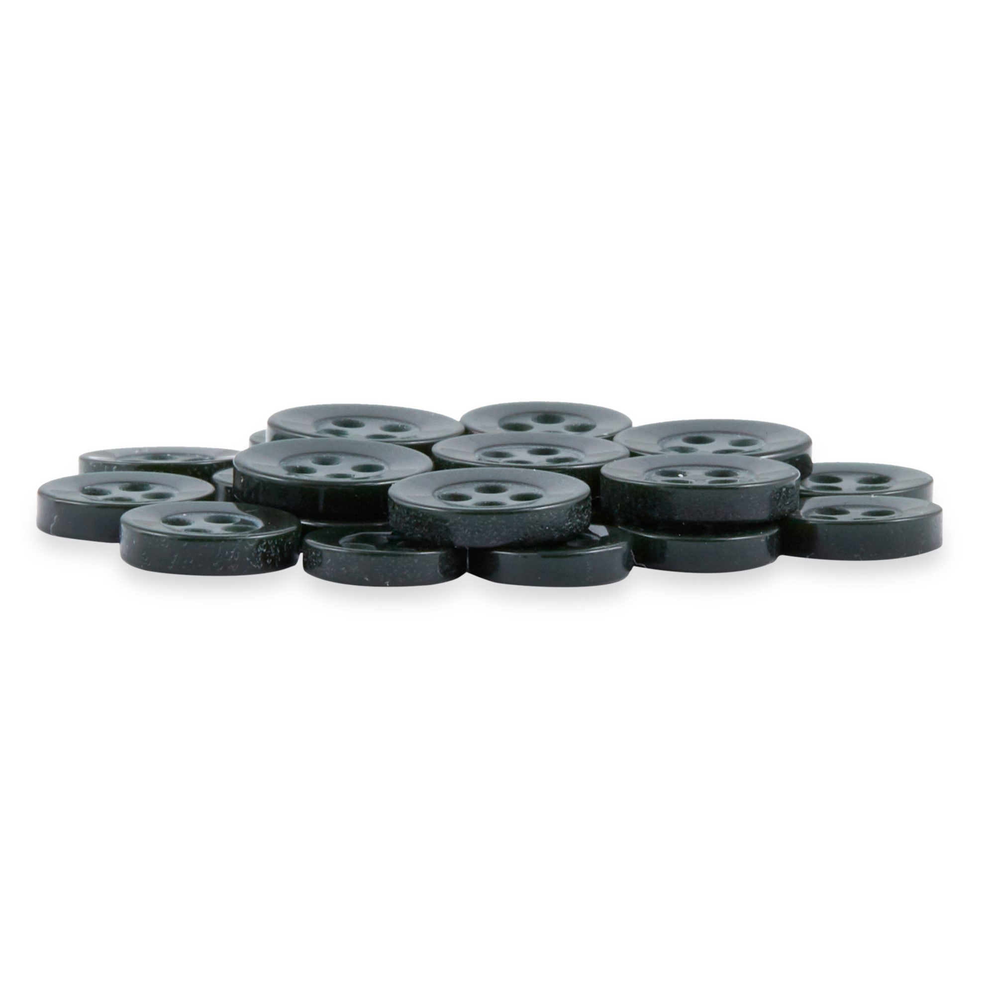 A stack of black, round Replacement Shirt Buttons with a matte finish and four holes, slightly overlapping—ideal for any tailor’s kit.