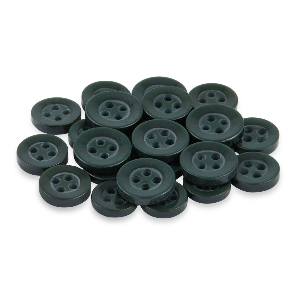 A pile of Replacement Shirt Buttons, small, round, and dark-colored with a matte finish and four holes, sits on a white background.