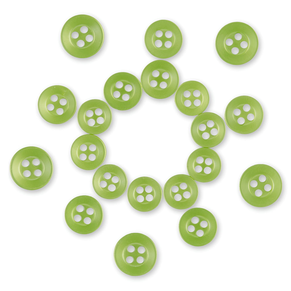 Nineteen matte green Replacement Shirt Buttons arranged in a circular, sun-like pattern on a white background.
