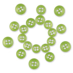 Nineteen matte green Replacement Shirt Buttons arranged in a circular, sun-like pattern on a white background.