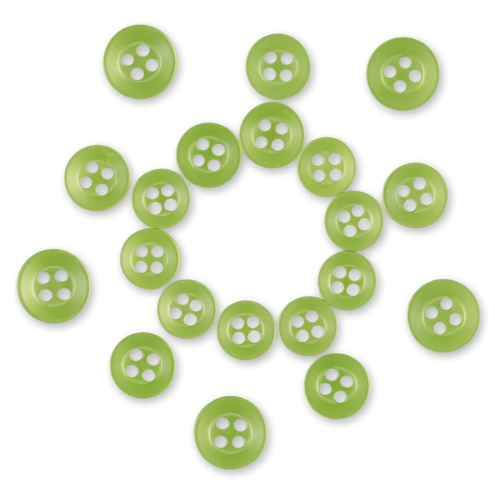 Nineteen matte green Replacement Shirt Buttons arranged in a circular, sun-like pattern on a white background.