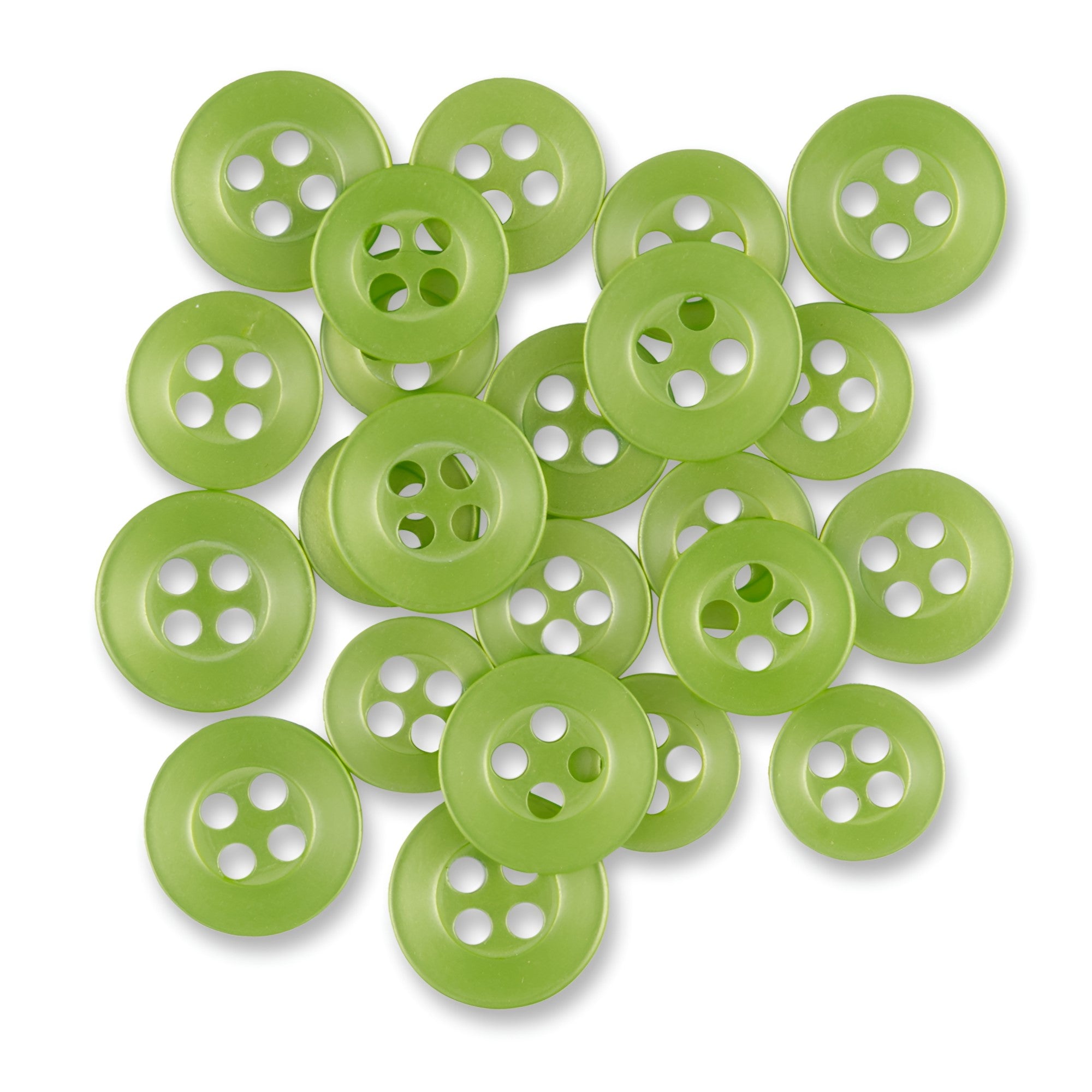 A scattered pile of Replacement Shirt Buttons with a green matte finish, made from durable poly-nylon, displayed on a white background.
