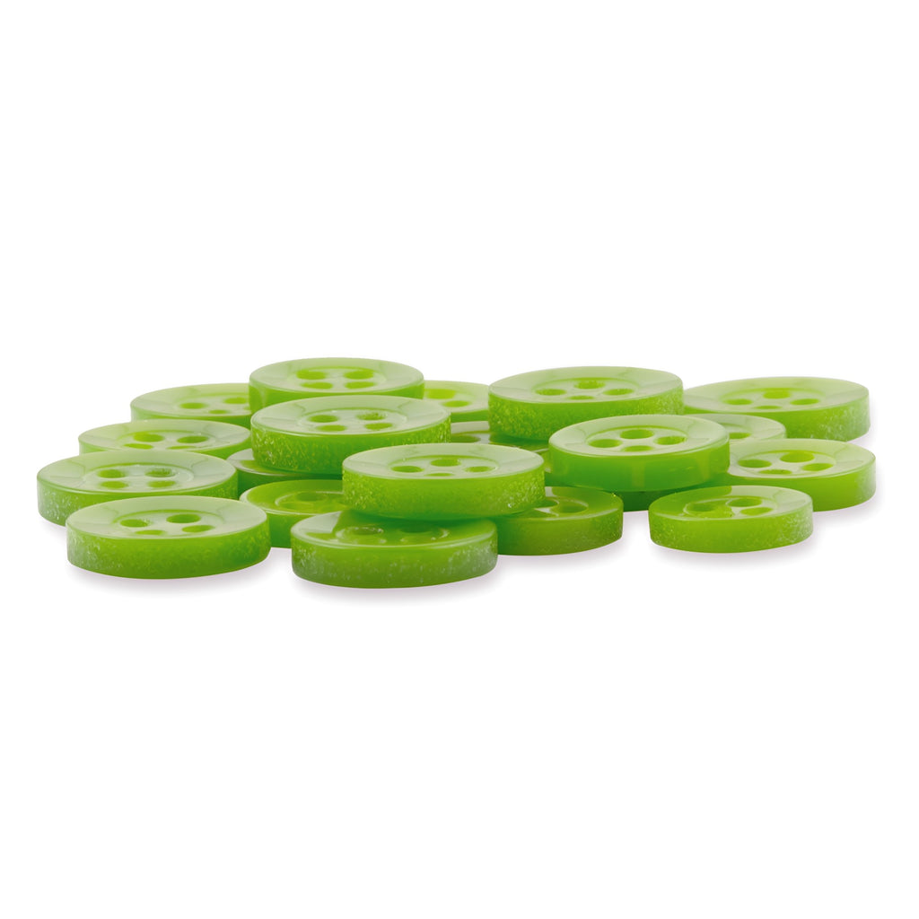 A scattered pile of Replacement Shirt Buttons, made from green poly-nylon with a matte finish and four holes, is displayed on a white surface.