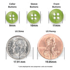 Three green Replacement Shirt Buttons in 9mm, 10mm, and 11mm sizes with a matte poly-nylon finish are shown next to a US dime and penny for size reference—ideal for any tailor's button kit.