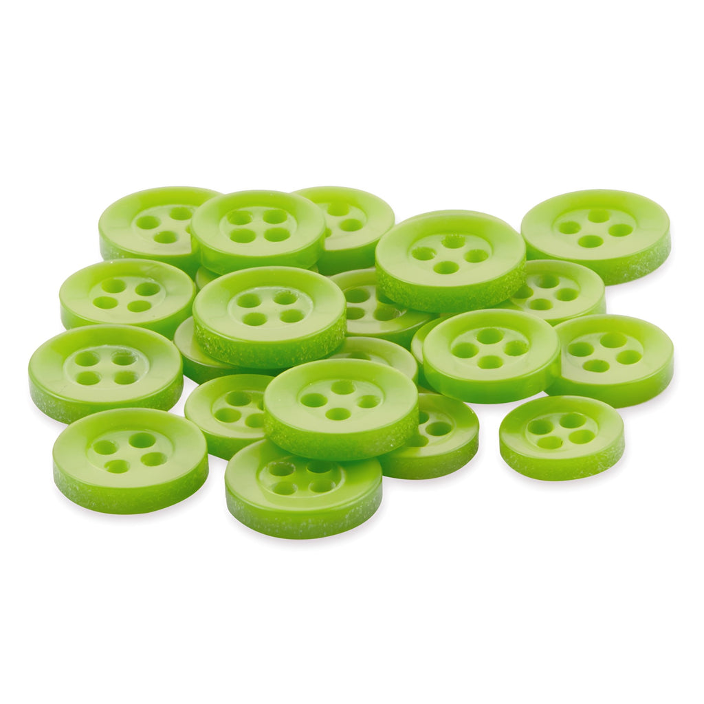 A pile of green, round, four-hole poly-nylon Replacement Shirt Buttons with a matte finish is displayed on a white background.