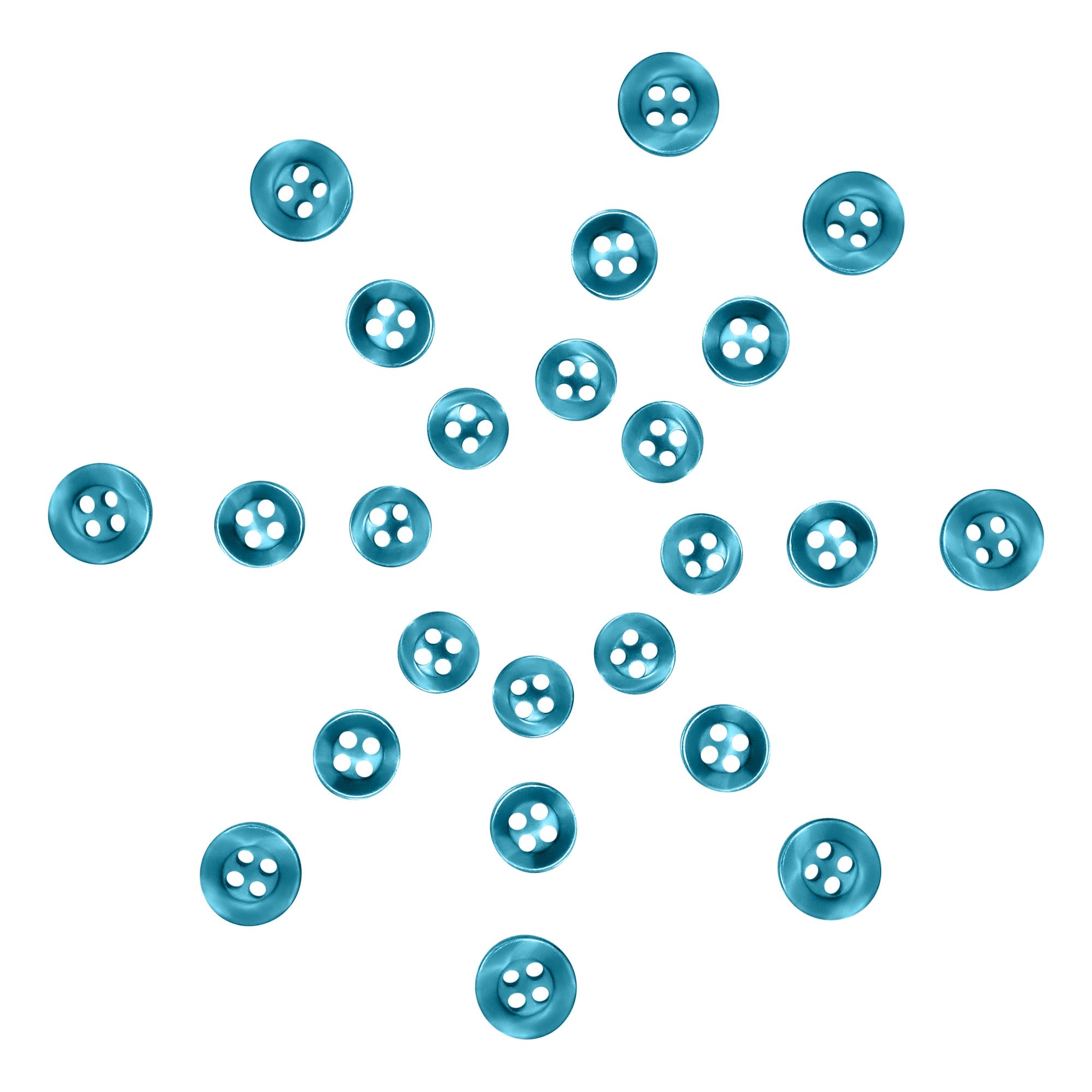 Replacement Shirt Buttons with a blue matte finish are arranged symmetrically in a star-like pattern on a white background.