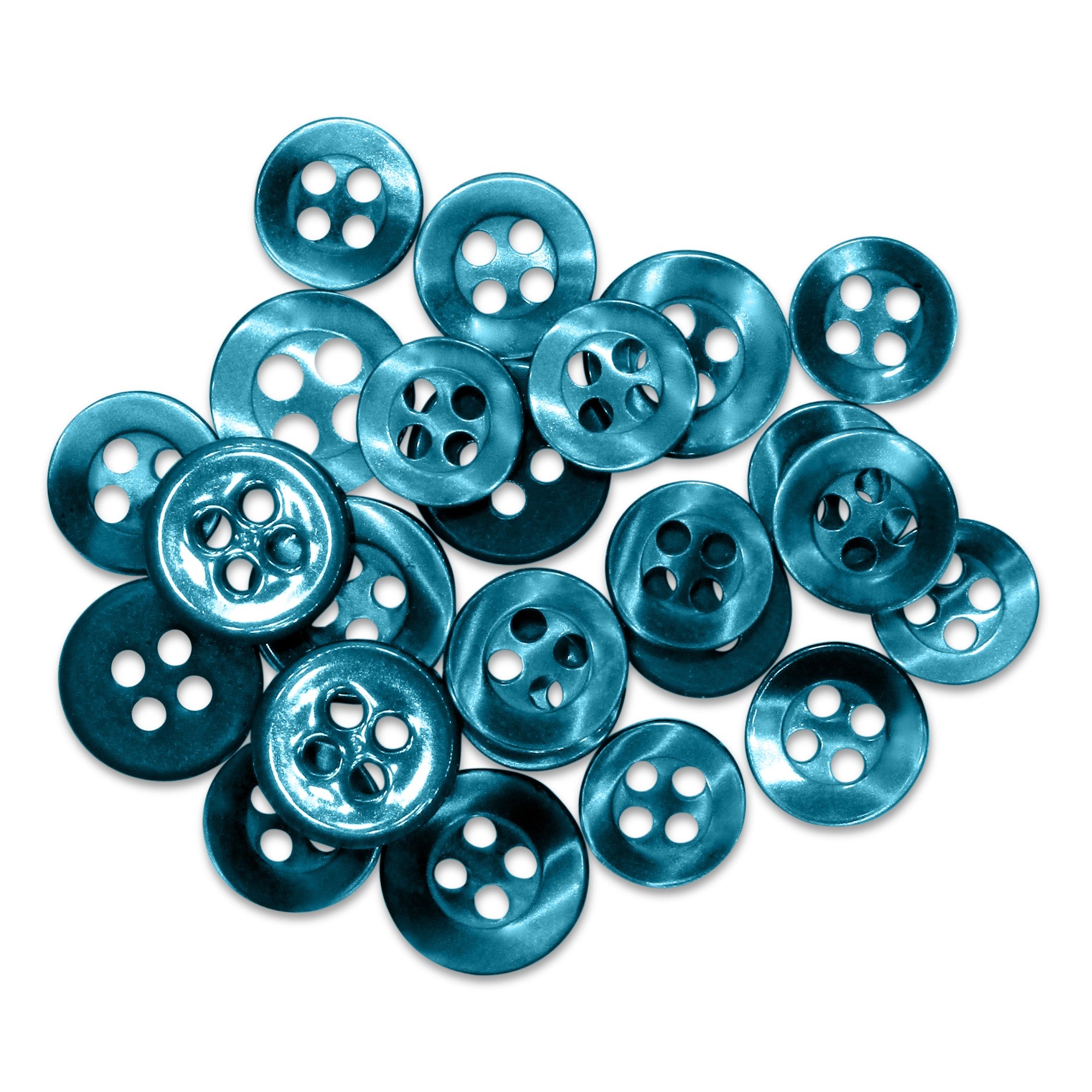 A pile of shiny blue Replacement Shirt Buttons with four holes is scattered on a white background.