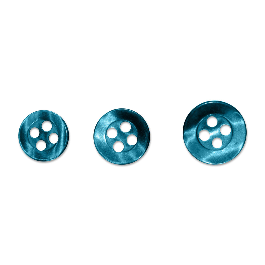 Three Replacement Shirt Buttons in blue matte finish, each with four holes and different sizes, are aligned on a white background—an ideal addition to any tailor's button kit.