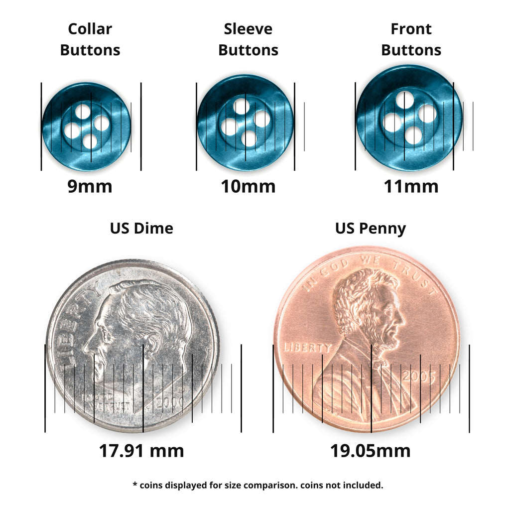 Three Replacement Shirt Buttons in blue matte finish with two US coins (dime, penny) labeled for size comparison—perfect addition to any tailor's button kit.