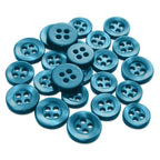 A pile of round, shiny blue Replacement Shirt Buttons made from poly-nylon, each featuring four holes.
