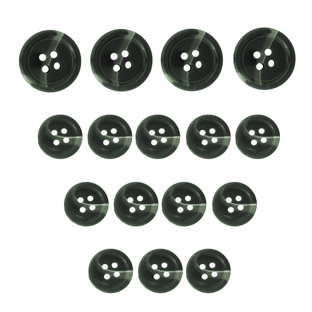 Fifteen Standard Suit Buttons in black with four holes are arranged in three rows on a white background, perfect as replacement buttons for suits.