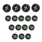 Fifteen Standard Suit Buttons in black with four holes are arranged in three rows on a white background, perfect as replacement buttons for suits.