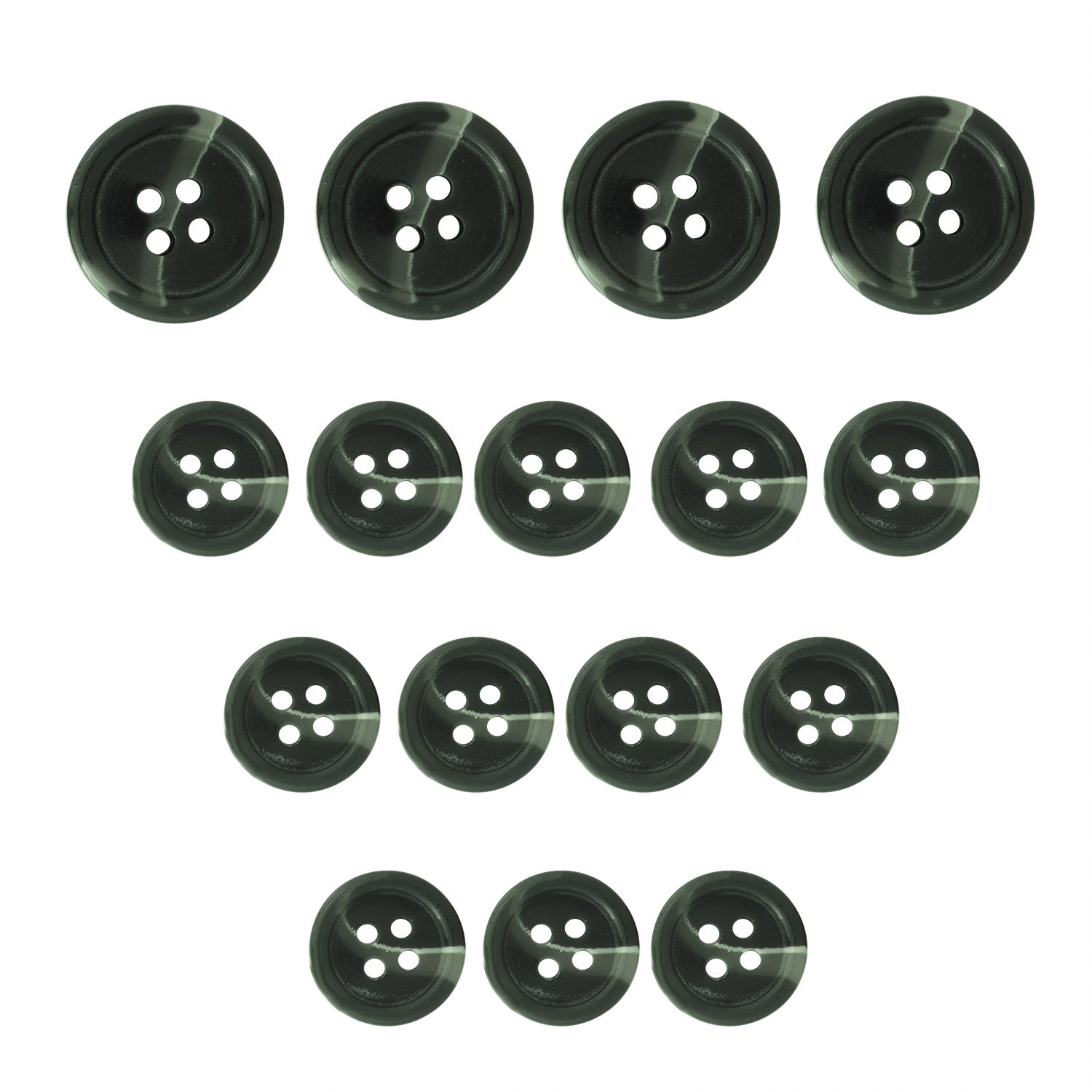 Fifteen Standard Suit Buttons in black with four holes are arranged in three rows on a white background, perfect as replacement buttons for suits.