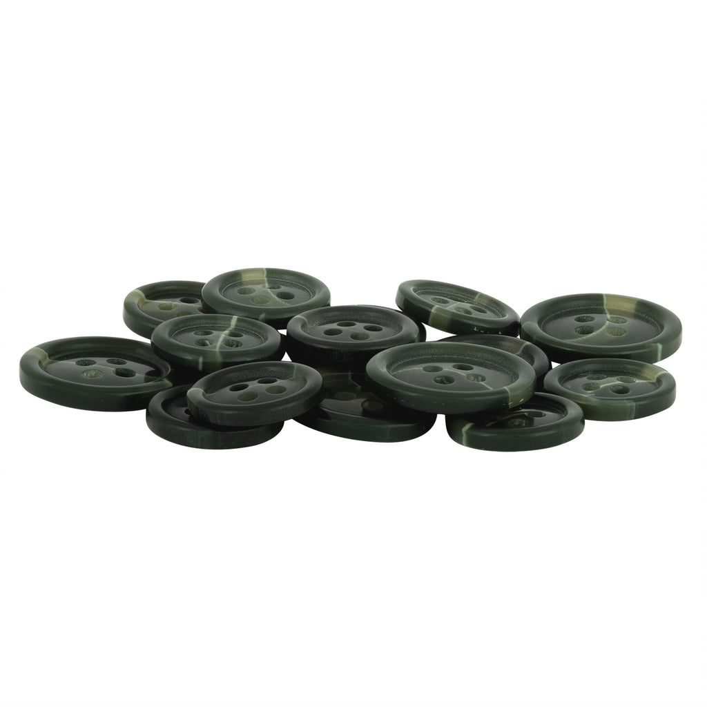 A pile of Standard Suit Buttons, dark green, round, four-hole plastic replacements, sits on a white background.