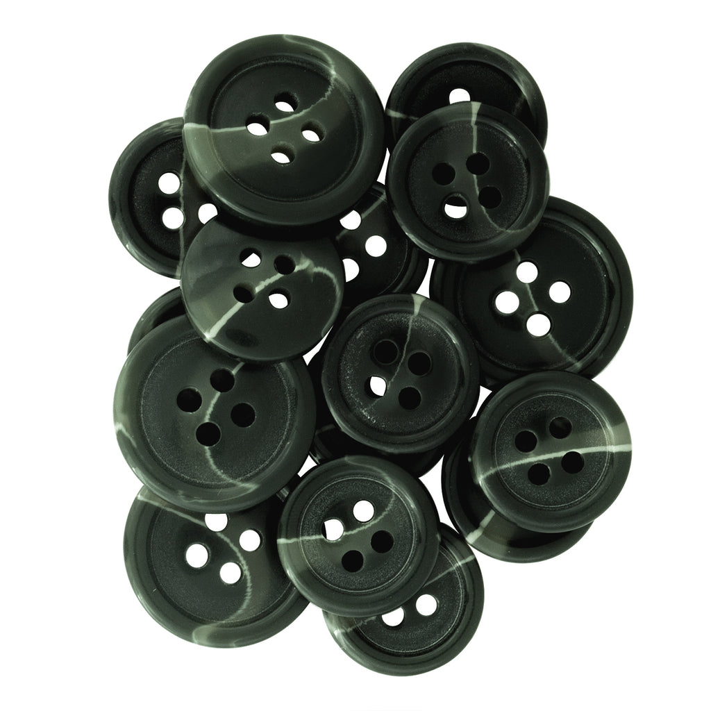Standard Suit Buttons in dark green feature four holes and subtle light streaks, shown piled on a white background.
