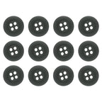 Twelve black Khakis, Chinos and Casual Cotton Pant Buttons, made of nylon with four holes, are arranged in three rows on a white background.