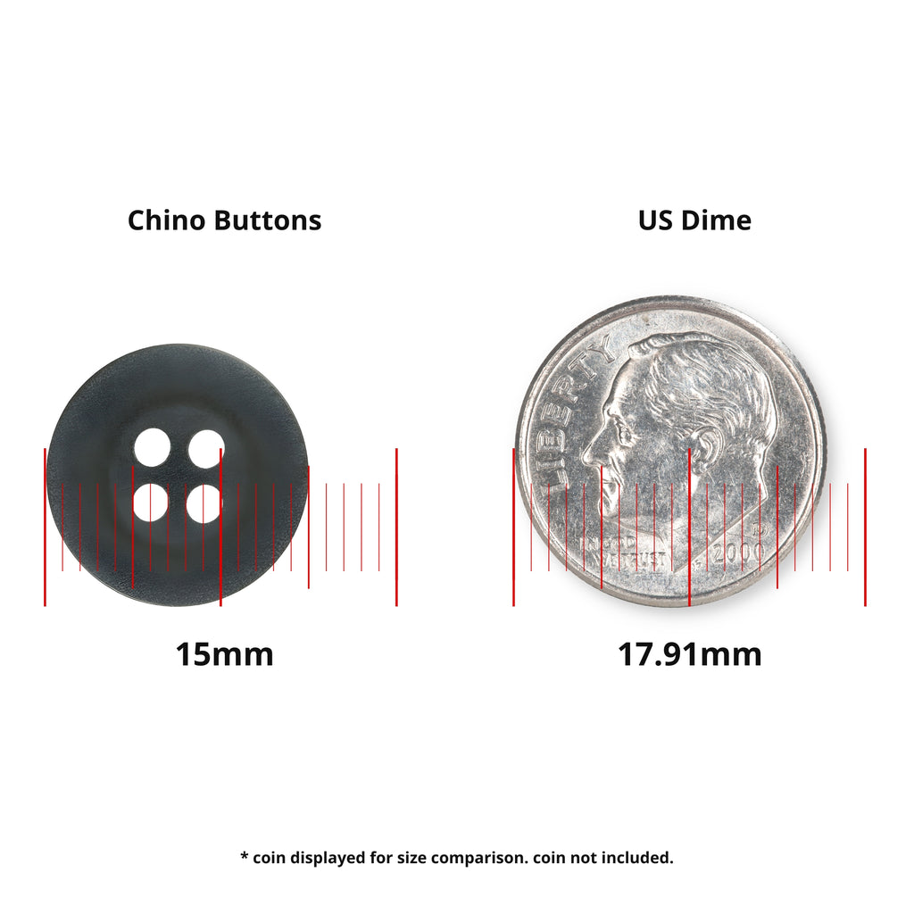 A Khakis, Chinos and Casual Cotton Pant Button (15mm, black) shown next to a 17.91mm US dime for size comparison.