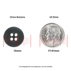 A Khakis, Chinos and Casual Cotton Pant Button (15mm, black) shown next to a 17.91mm US dime for size comparison.