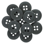 A pile of black, round Khakis, Chinos and Casual Cotton Pant Buttons with four holes arranged in a circular cluster.