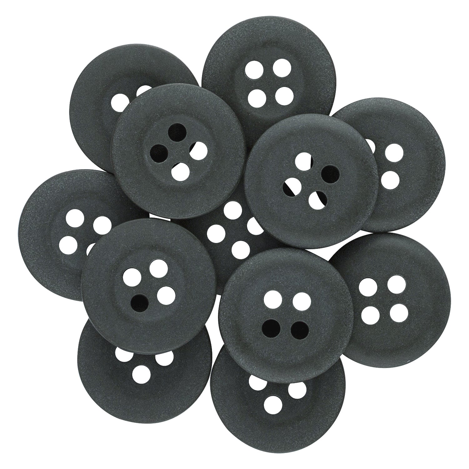 A pile of black, round Khakis, Chinos and Casual Cotton Pant Buttons with four holes arranged in a circular cluster.
