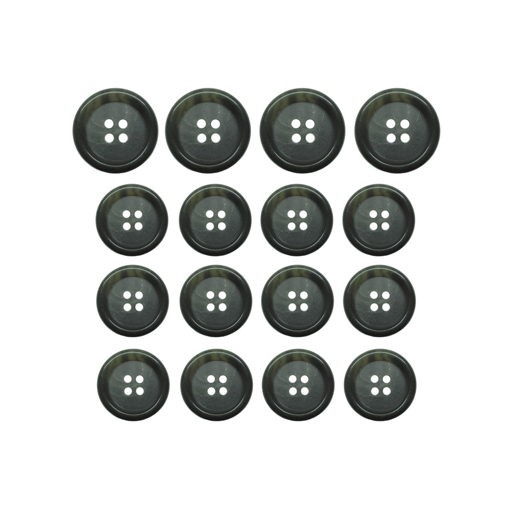 Fifteen Luxury Suit Buttons, black with four holes, are arranged in a neat square grid on a white background.