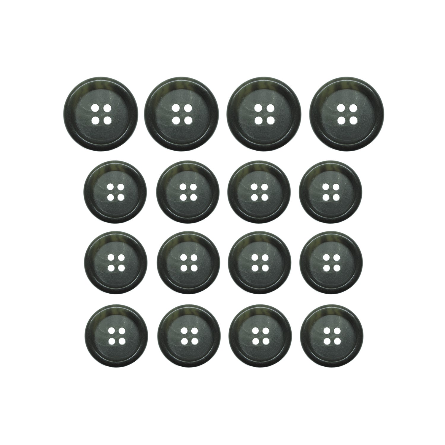 Fifteen Luxury Suit Buttons, black with four holes, are arranged in a neat square grid on a white background.