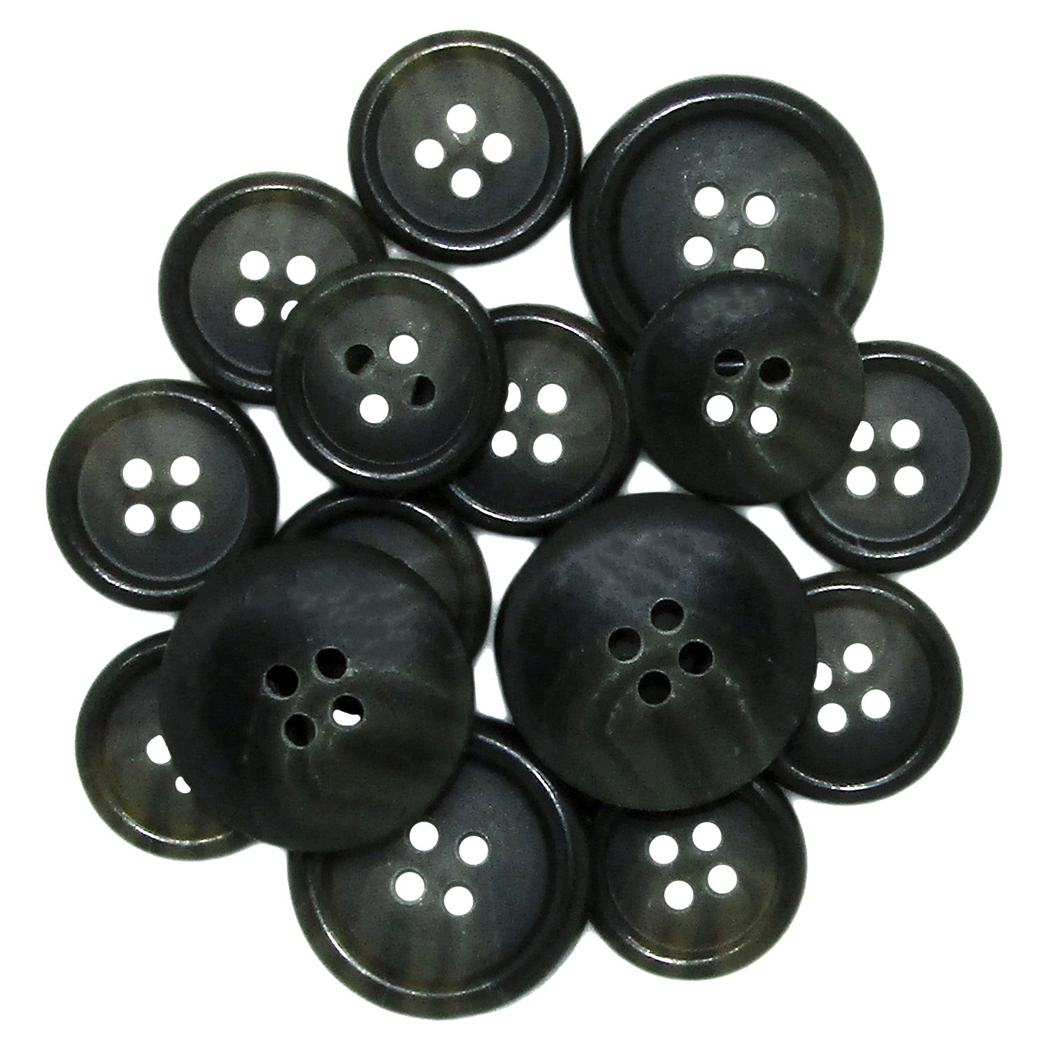 A collection of Luxury Suit Buttons—black, round, four-hole vegan buttons in assorted sizes—displayed on a white background.
