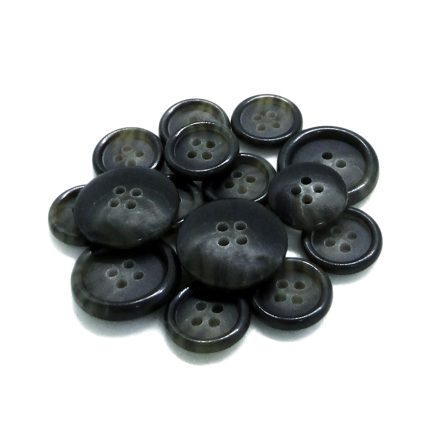 A collection of Luxury Suit Buttons, black and vegan with four holes in various sizes, displayed on a white background.