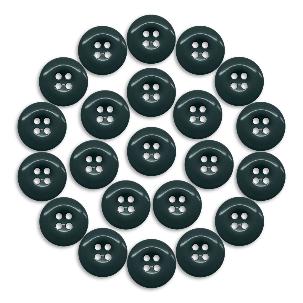 Twenty-four Work Pants Buttons in dark green are arranged in a circular pattern on a white background.