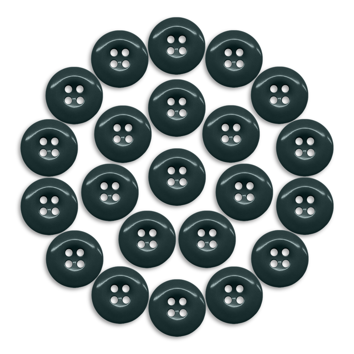 Twenty-four Work Pants Buttons in dark green are arranged in a circular pattern on a white background.