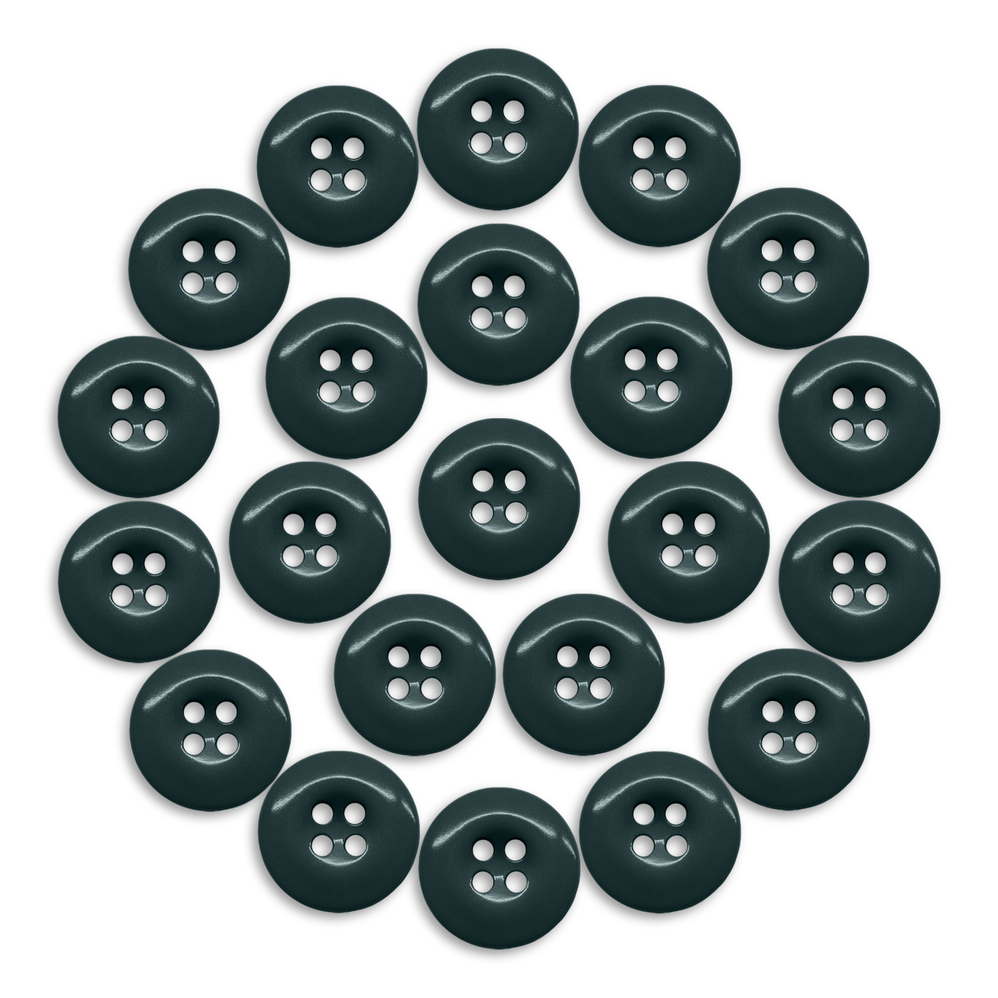 Twenty-four Work Pants Buttons in dark green are arranged in a circular pattern on a white background.