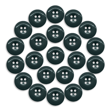 Twenty-four Work Pants Buttons in dark green are arranged in a circular pattern on a white background.